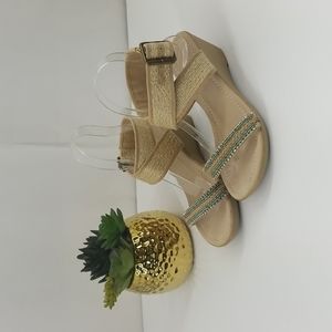 SKEMO Beige, Rhinestone & Turquoise Beaded Wedge Ankle Wrap Sandals